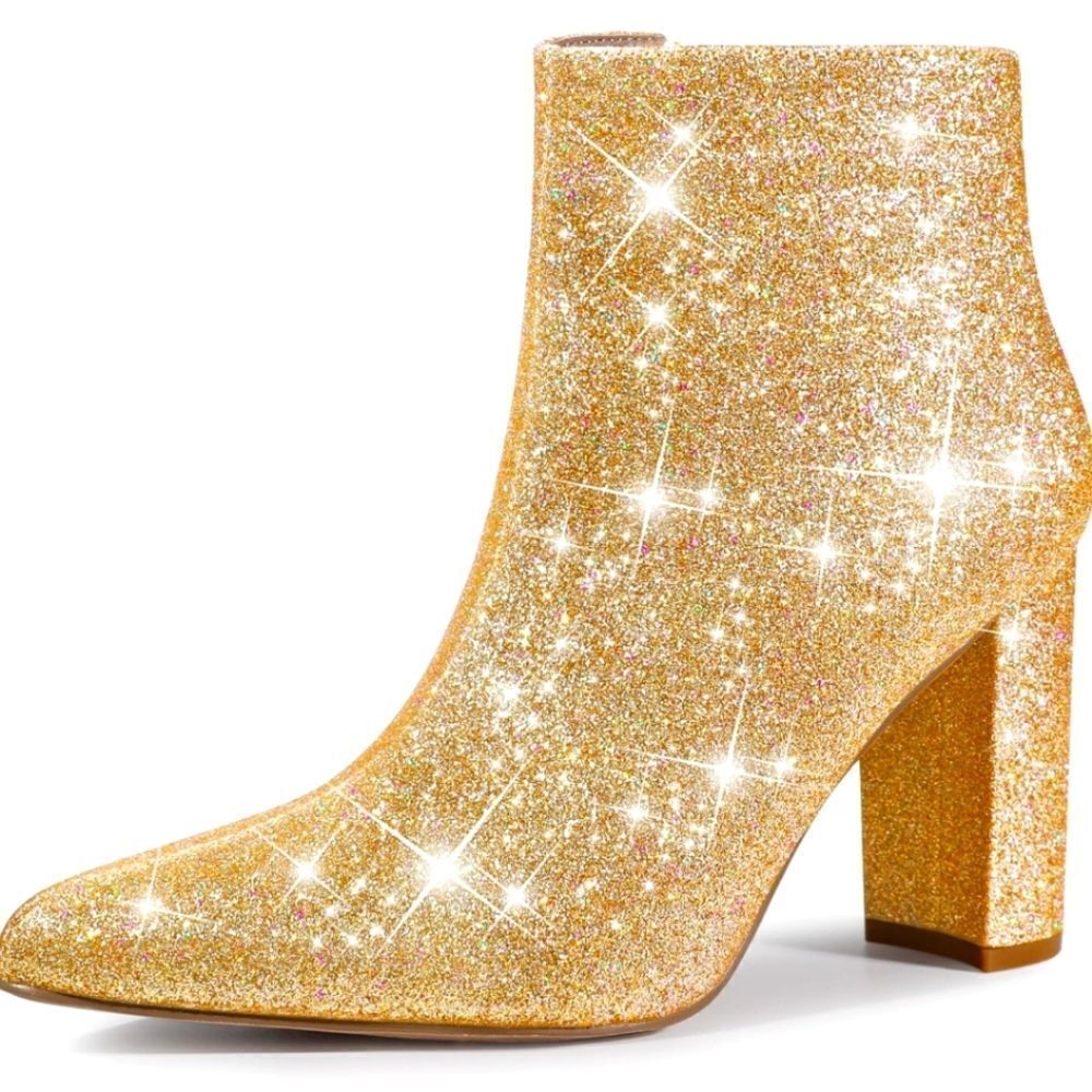 Size 7 Perphy Gold Metallic Glitter Pointed Toe Chunky Heel Ankle Boots Booties